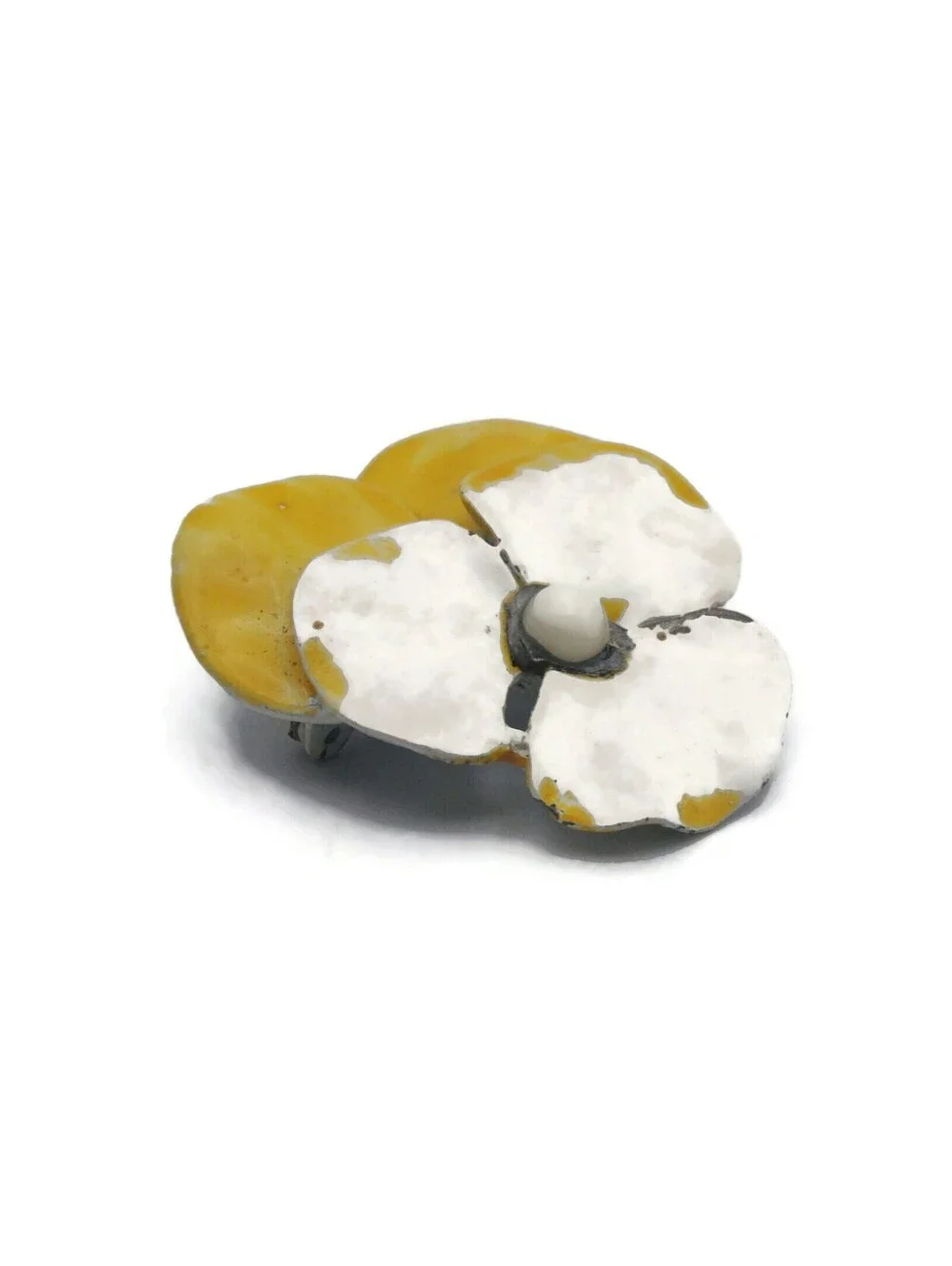 Vintage White and Yellow Enameled Flower Brooch with Faux Pearl.